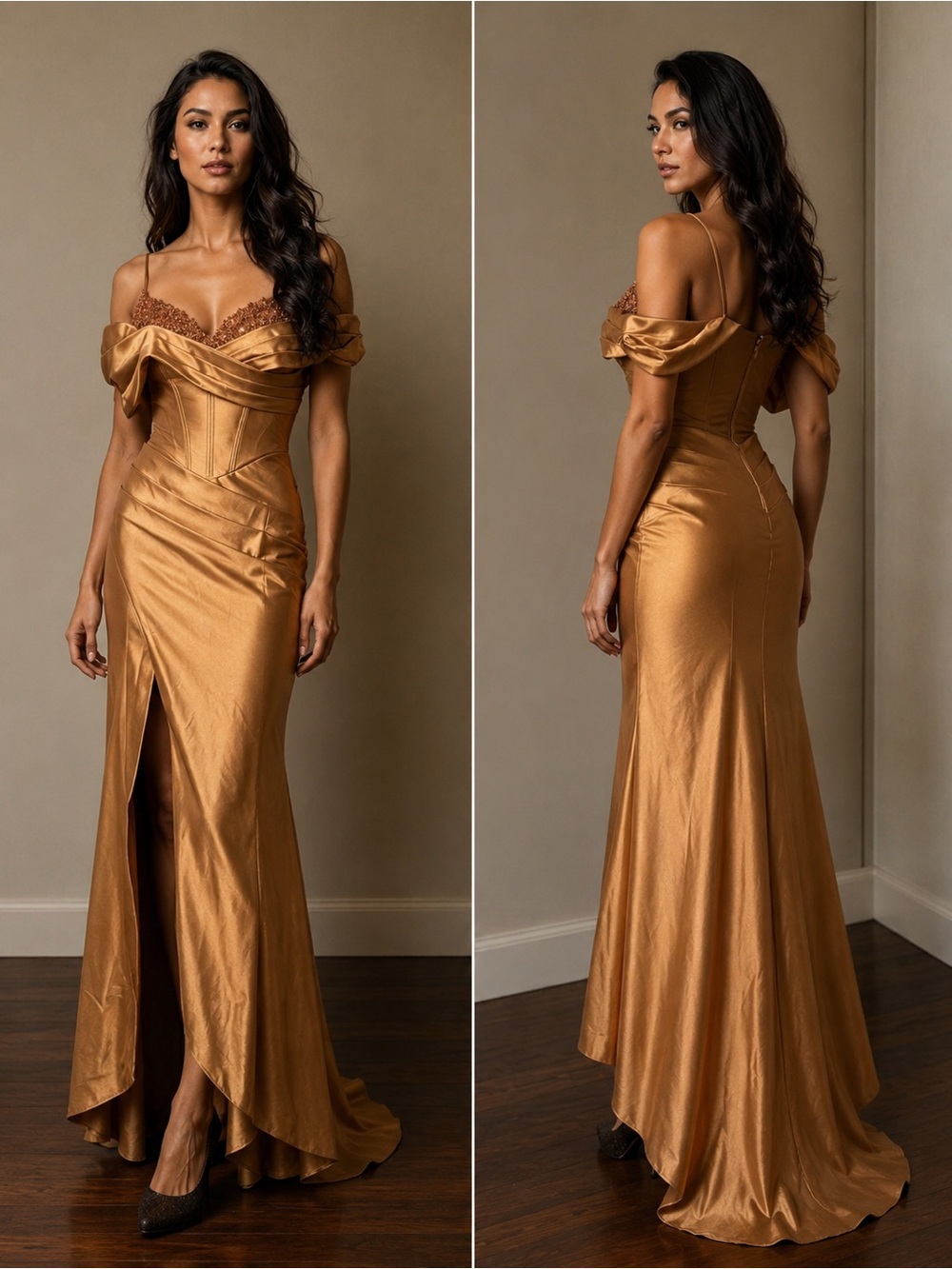GB SOCIAL BEADED OFF THE SHOULDER BRONZE CORSET SEXY PROM EVENING DRESS GOWN 3